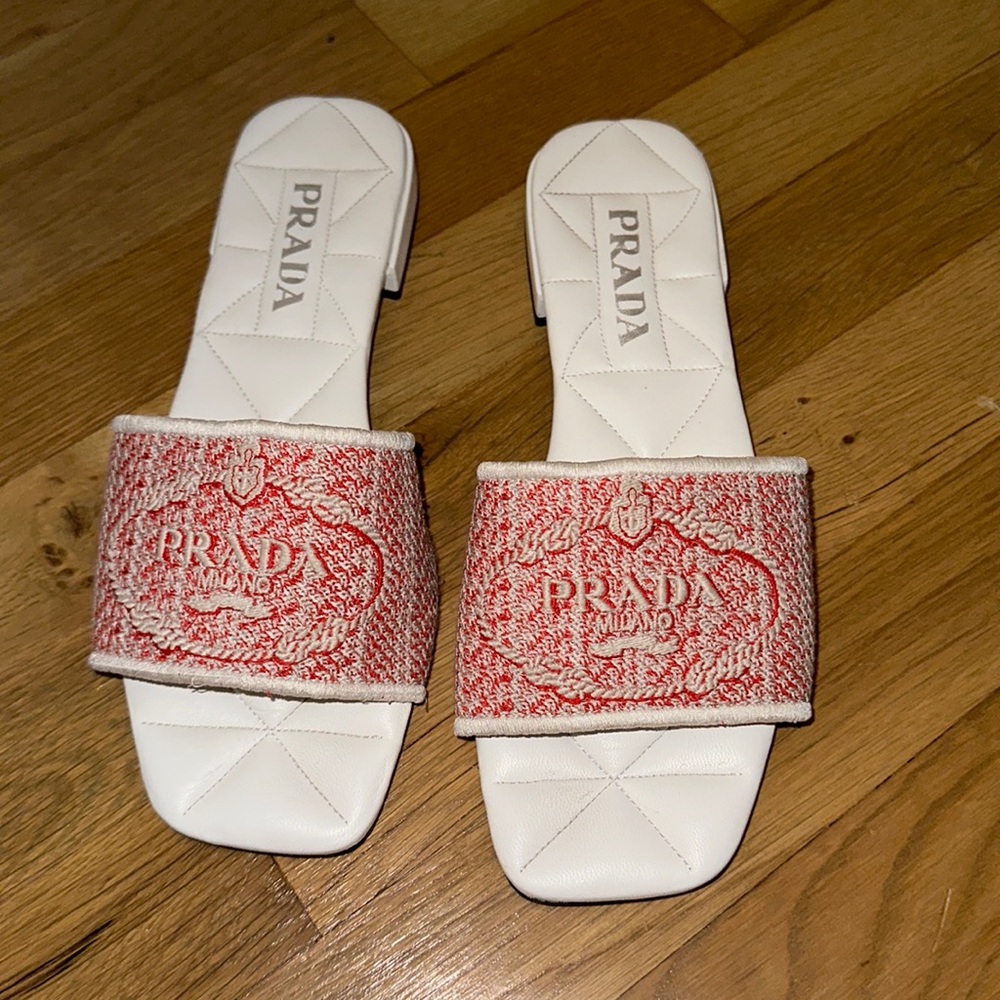 Prada Jacquard Logo Embroidered 10mm Slide Sandals